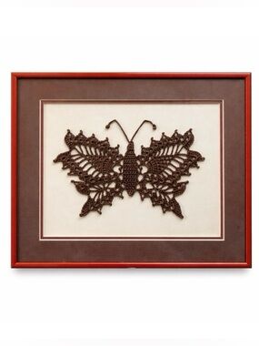 Vintage 1970s Framed Crochet Butterfly Art – Boho Fiber Wall Decor